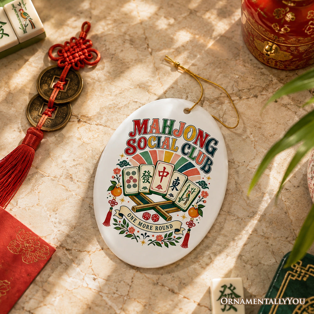 Artistic Mahjong Social Club and Dragon Tiles Ornament, Retro Chinese Table Game Holiday Keepsake