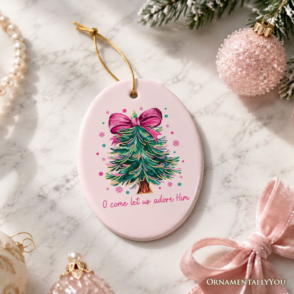 Glitter Christmas Tree Coquette Bow Ornament, O Come Let Us Adore Him Holiday Keepsake
