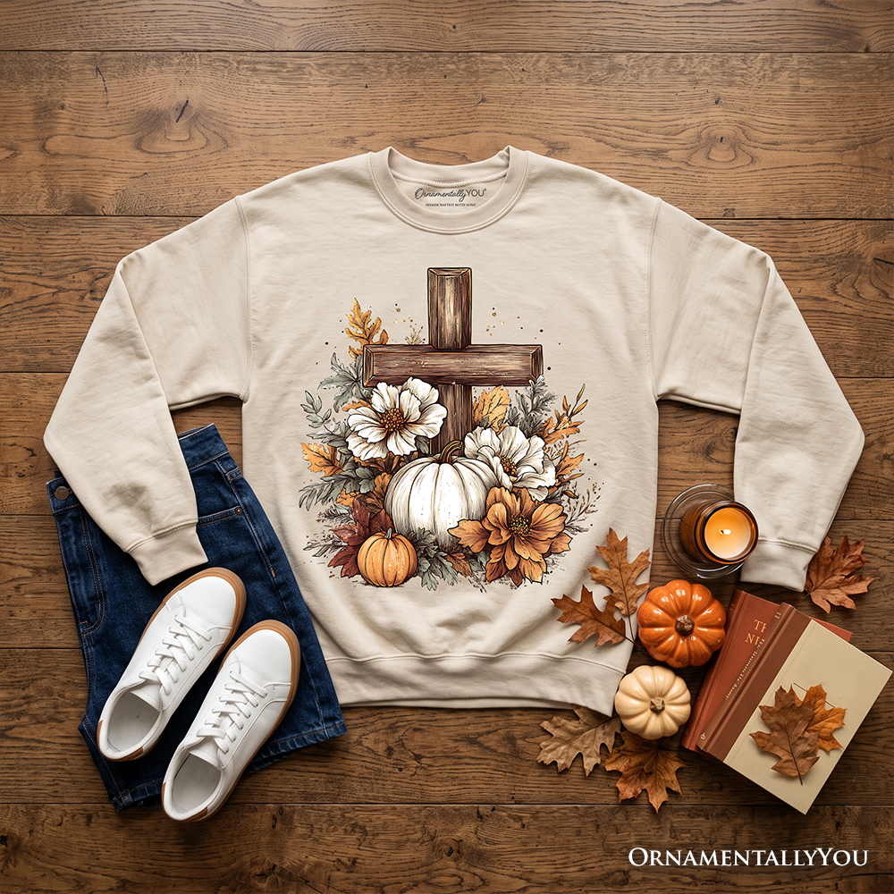 Christian Floral Pumpkin Cross Sweatshirt, Boho Religious Fall Sweater