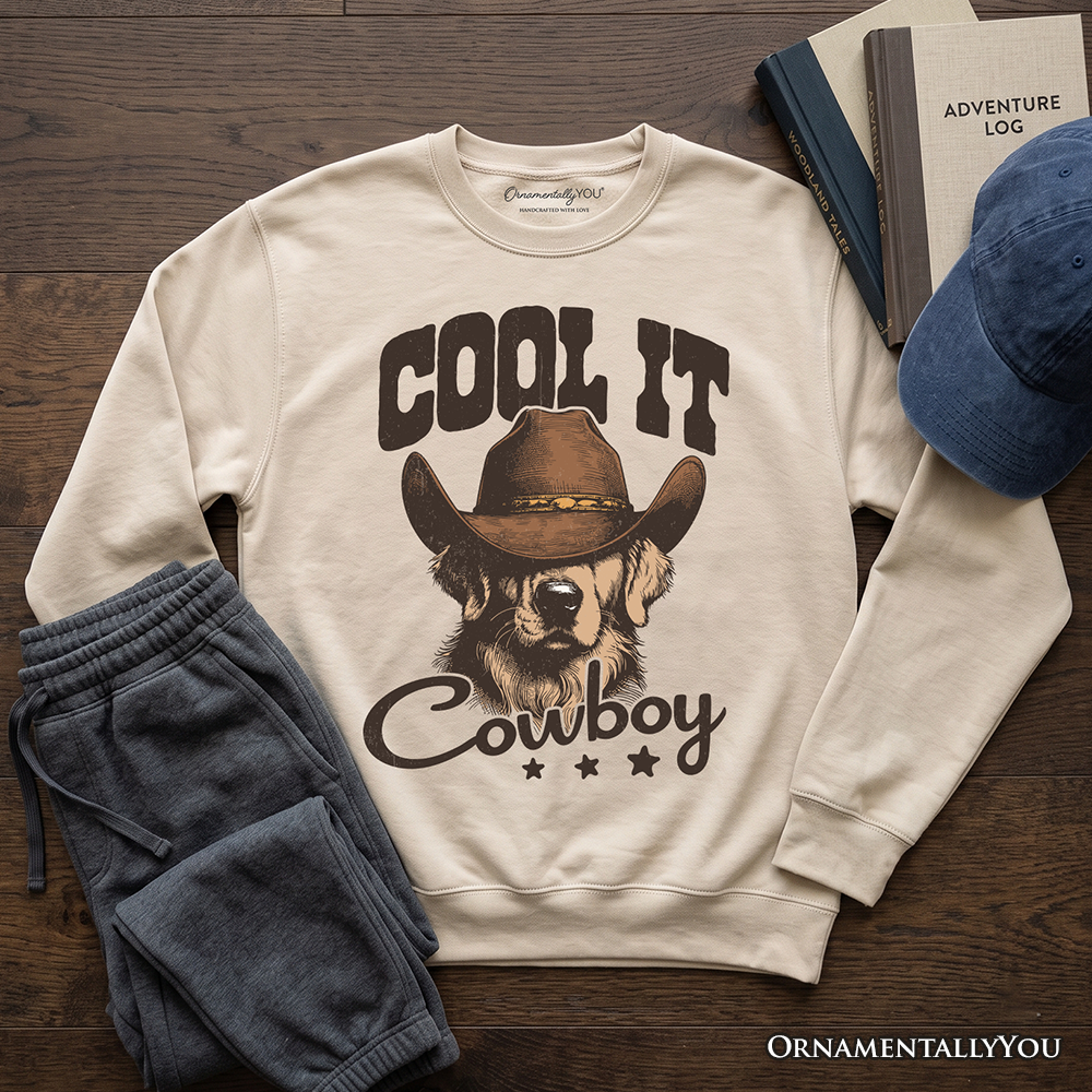 Cool It Cowboy Sweatshirt With Western Dog, Retro Golden Retriever White and Natural Sweater for Country Lover
