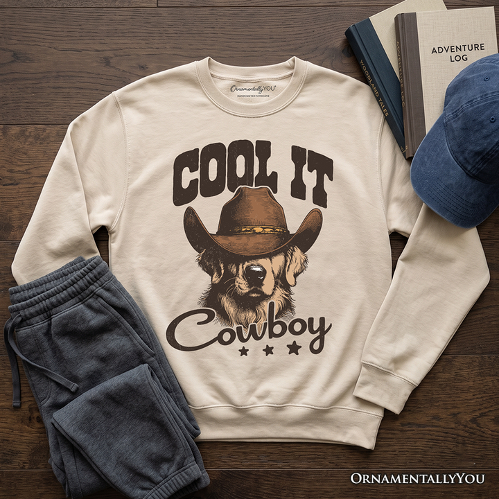 Cool It Cowboy Sweatshirt With Western Dog, Retro Golden Retriever White and Natural Sweater for Country Lover