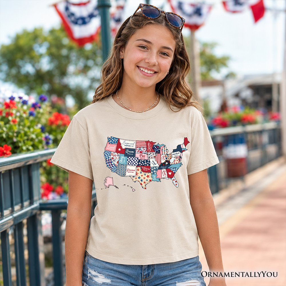 Kids Patriotic Patchwork USA T-Shirt, Quilted Map Youth Tee for American Fans Kid's T-Shirts OrnamentallyYou 