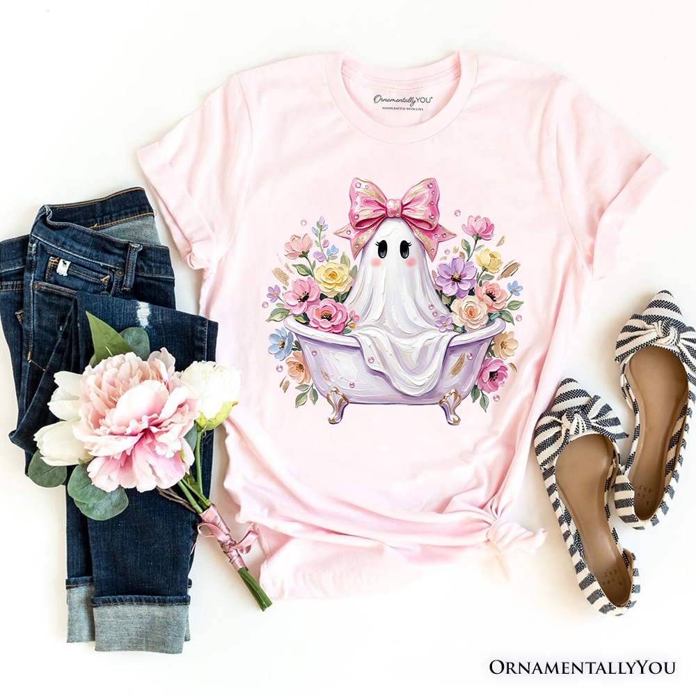 Pink Bow Bathtub Ghost T-Shirt, Floral Coquette Halloween Tee