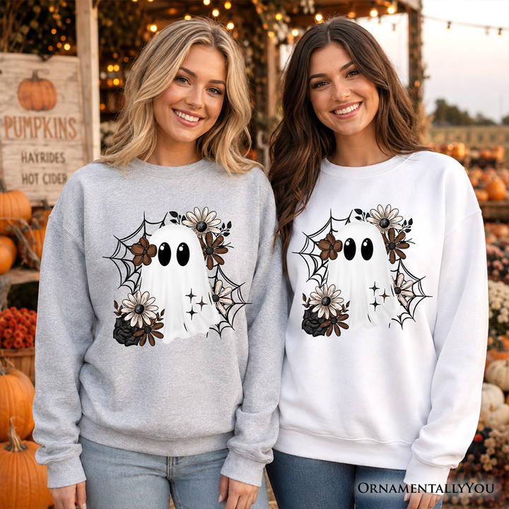 Floral Ghost Sweatshirt, Neutral Boho Halloween Spider Web Sweater