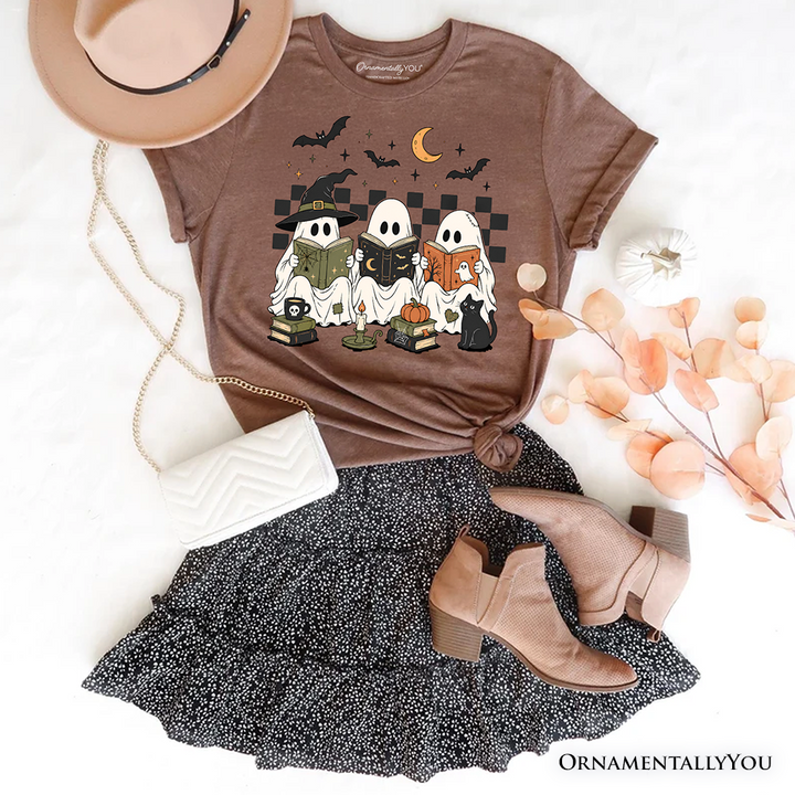 Bookish Ghosts Reading T-Shirt, Checkered Halloween Witch Cat Tee