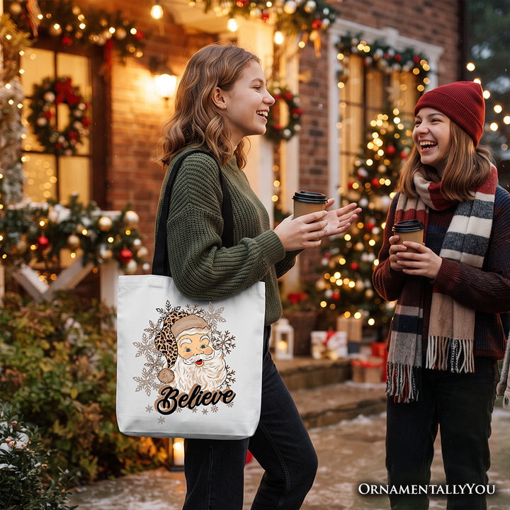 Believe Santa Cheetah Leopard Tote Bag, Retro Christmas Gift Shopper
