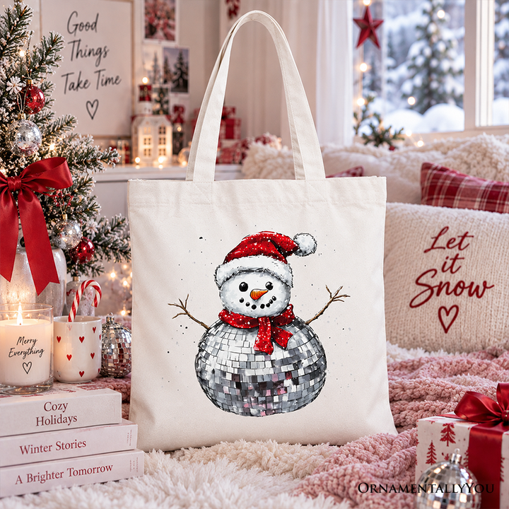 Disco Snowman Christmas Tote Bag, Retro Holiday Gift Shopper for Dancers