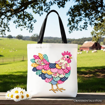 Floral Chicken Printed Faux Patchwork Tote Bag, Coquette Hen Farmhouse Gift Shopper Tote Bag OrnamentallyYou Black Handle 