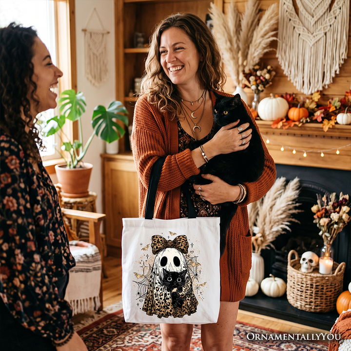 Leopard Bow Ghost with Black Cat Tote Bag, Spooky Halloween Spider Web Gift Shopper