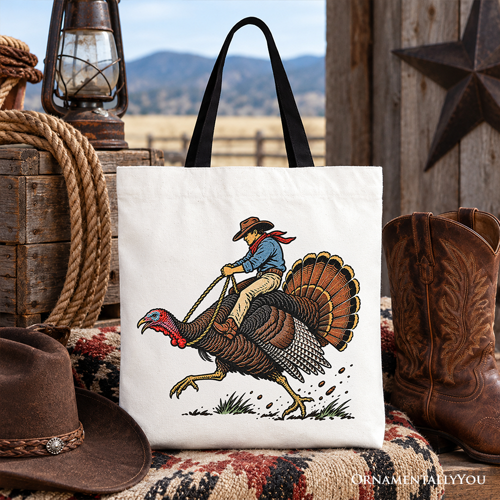 Turkey Rodeo Cowboy Thanksgiving Tote Bag, Funny Western Fall Gift Shopper
