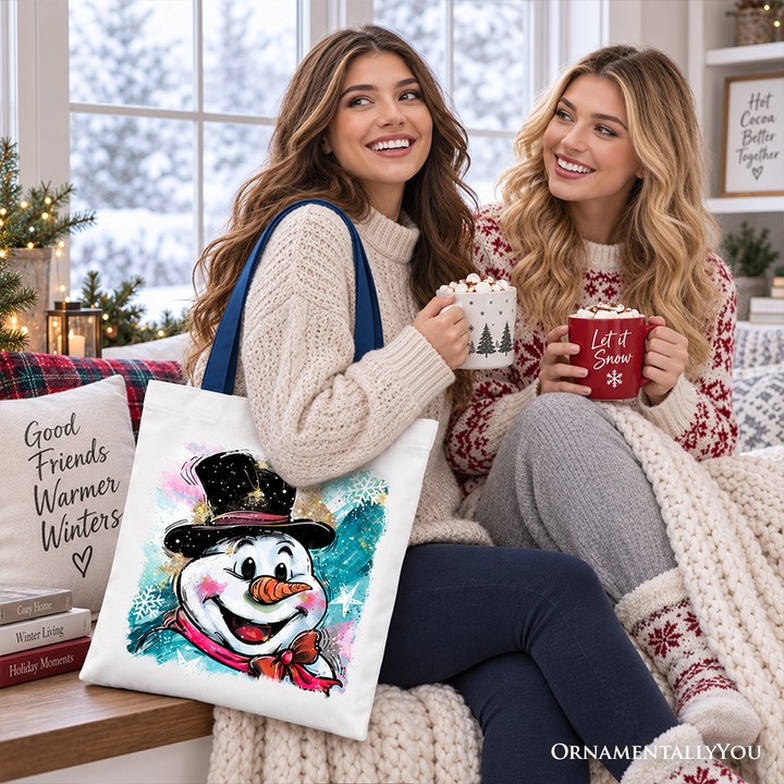 Brushstroke Cute Snowman Tote Bag, Preppy Merry Christmas Glitter Holiday Gift Shopper
