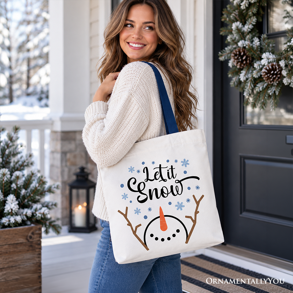 Let It Snow Snowman Tote Bag, Snowflakes Minimalist Gift Shopper for Winter Holiday Season
