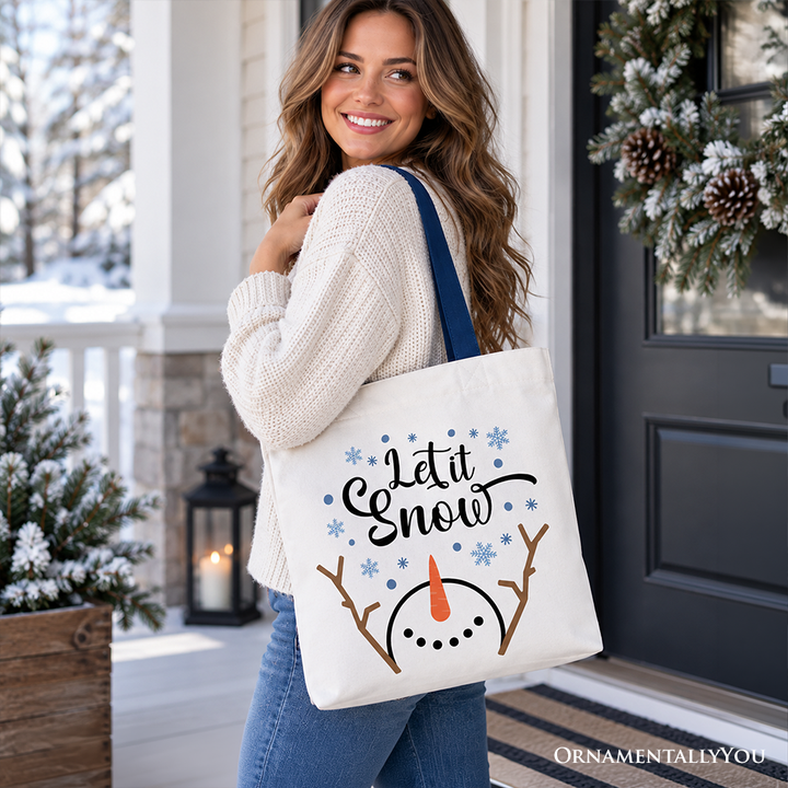 Let It Snow Snowman Tote Bag, Snowflakes Minimalist Gift Shopper for Winter Holiday Season