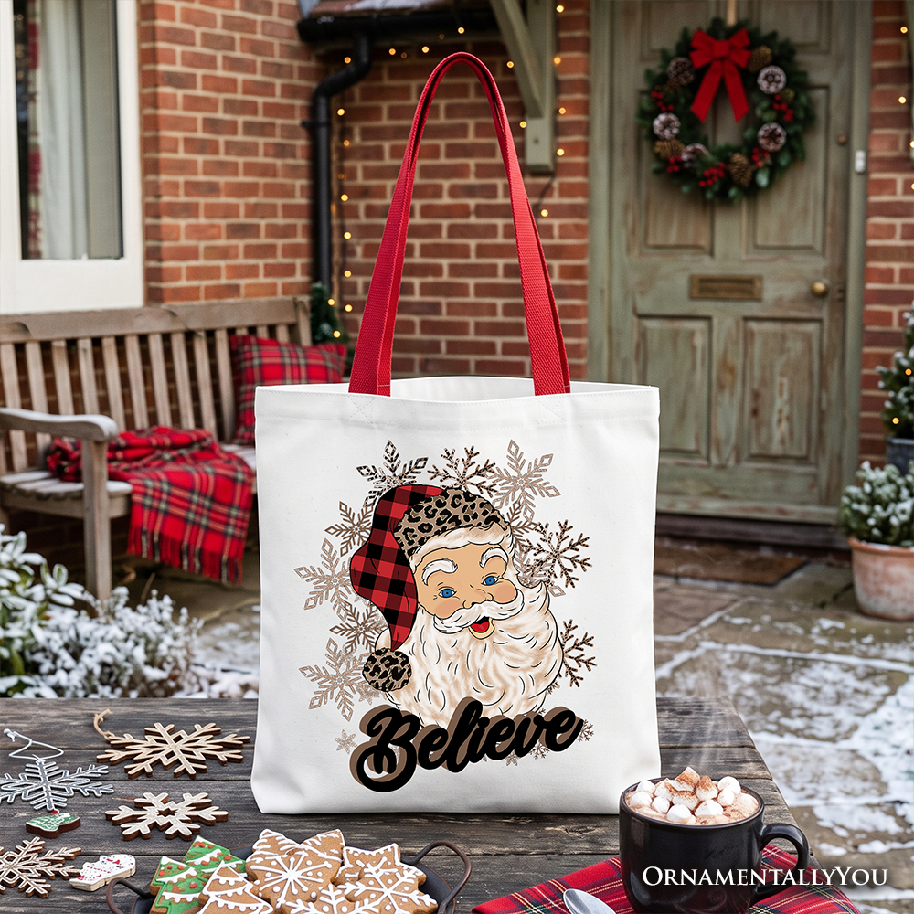 Believe Santa Buffalo Plaid Tote Bag, Retro Christmas Gift Shopper