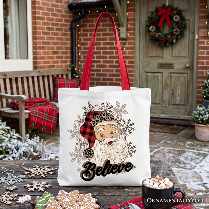 Believe Santa Buffalo Plaid Tote Bag, Retro Christmas Gift Shopper