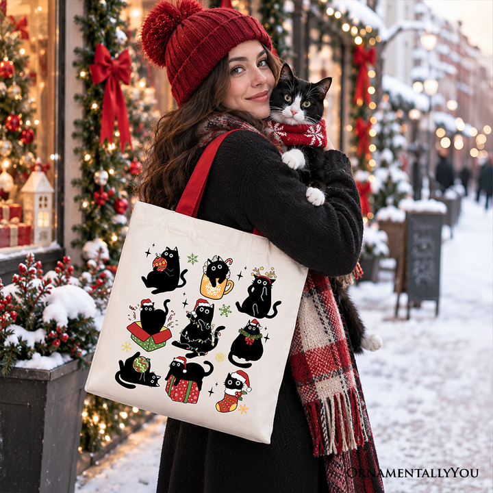 Christmas Black Cats Tote Bag, Whimsical Cats with Santa Hat Gift Shopper
