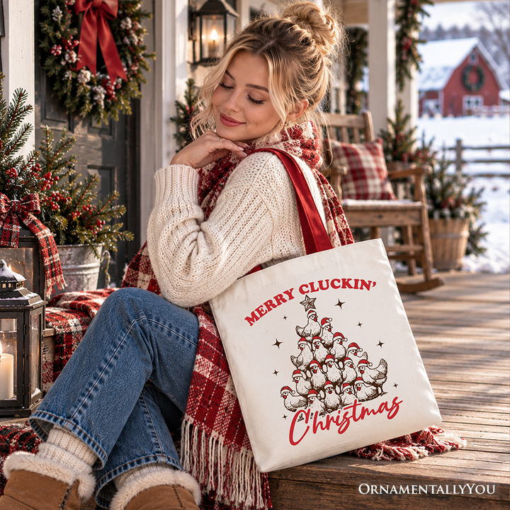 Merry Cluckin' Christmas Tree Tote Bag, Funny Santa Hat Chicken Farmhouse Gift Shopper