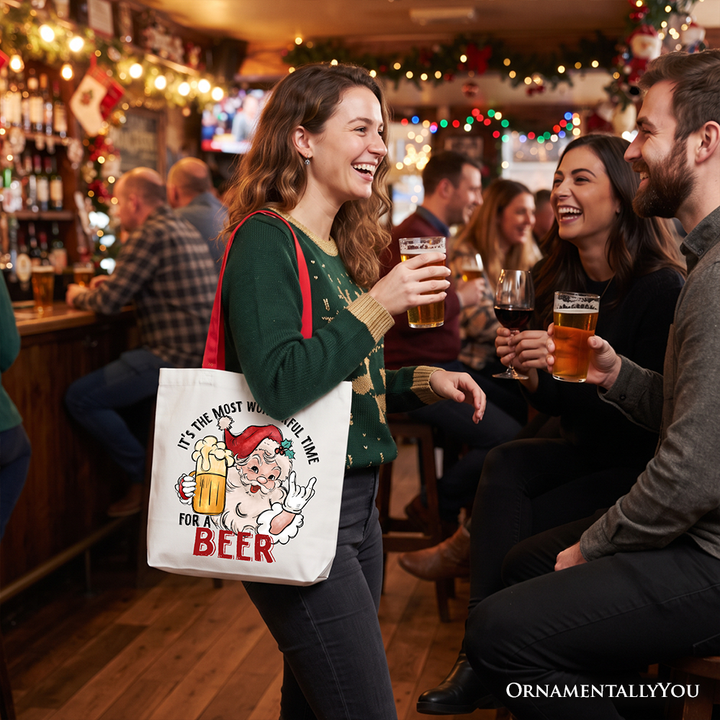 Santa Beer Christmas Tote Bag, It’s The Most Wonderful Time Funny Holiday Gift Shopper for Festive Drinkers