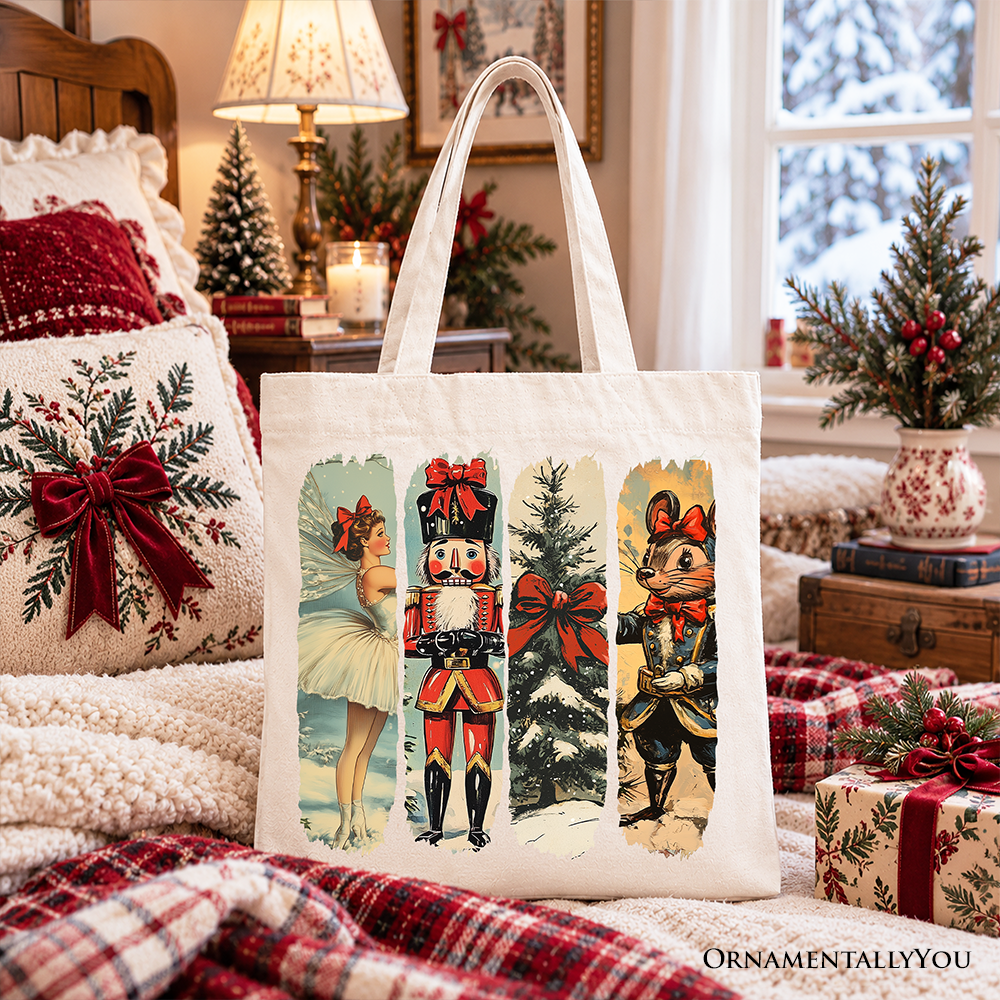 Ballet and Nutcracker Christmas Tote Bag, Coquette Bow and Mouse Vintage Holiday Gift Shopper