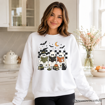 Bookish Ghosts Reading Sweatshirt, Checkered Halloween Witch Cat Sweater