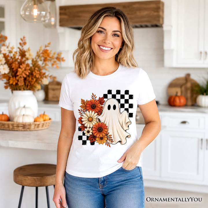 Checkered Floral Ghost T-Shirt, Vintage Fall Halloween Daisy Tee