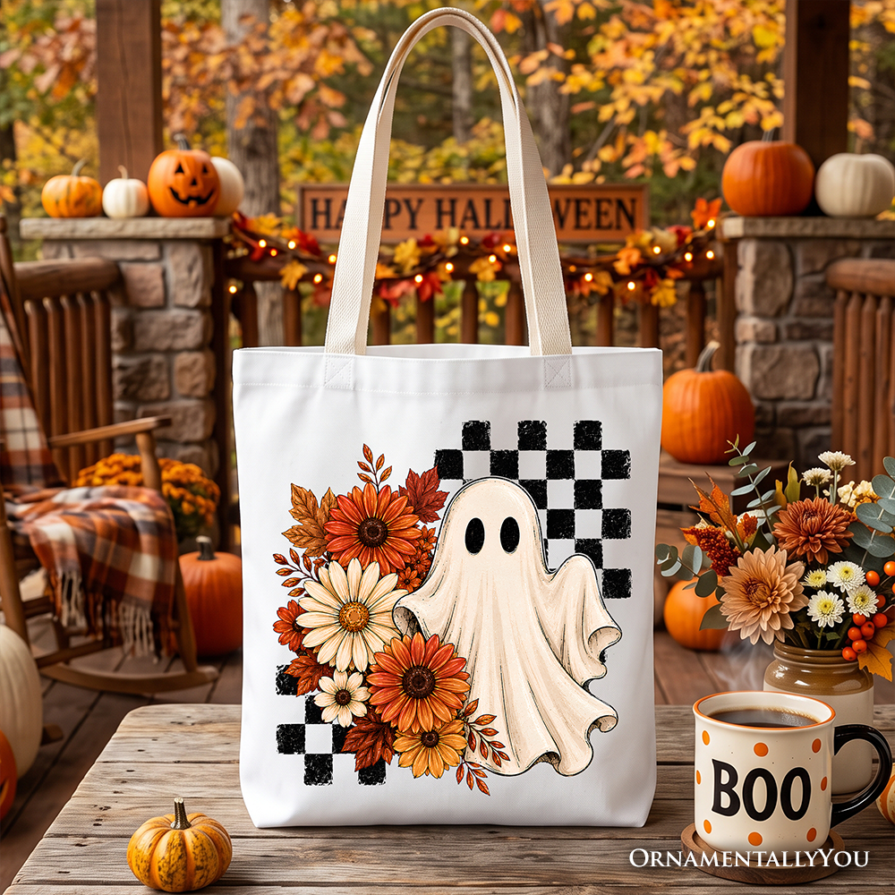 Checkered Floral Ghost Tote Bag, Vintage Fall Halloween Daisy Gift Shopper