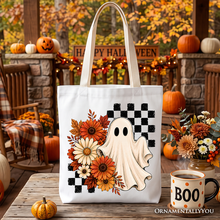Checkered Floral Ghost Tote Bag, Vintage Fall Halloween Daisy Gift Shopper