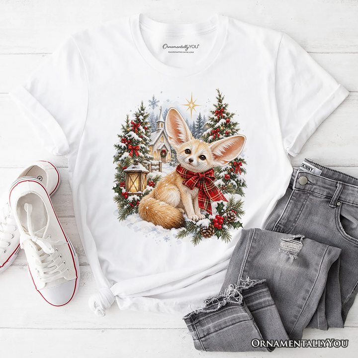 Church Fennec Fox Christmas T-Shirt, Winter Holiday Animal Tee