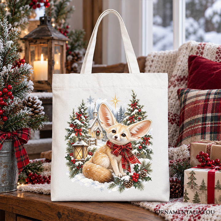 Church Fennec Fox Christmas Tote Bag, Winter Holiday Animal Gift Shopper