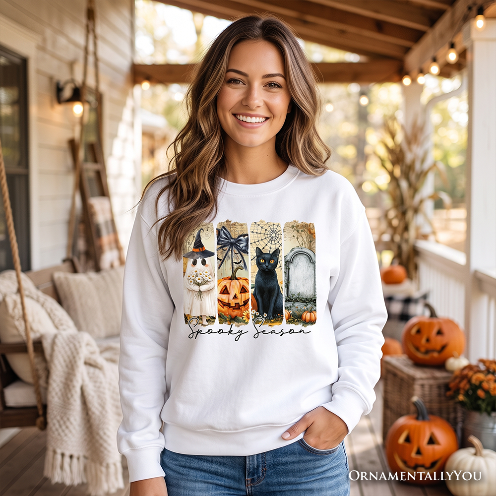Fall Spooky Season Brushstroke Sweatshirt, Coquette Vintage Ghost, Cat and Pumpkin Sweater