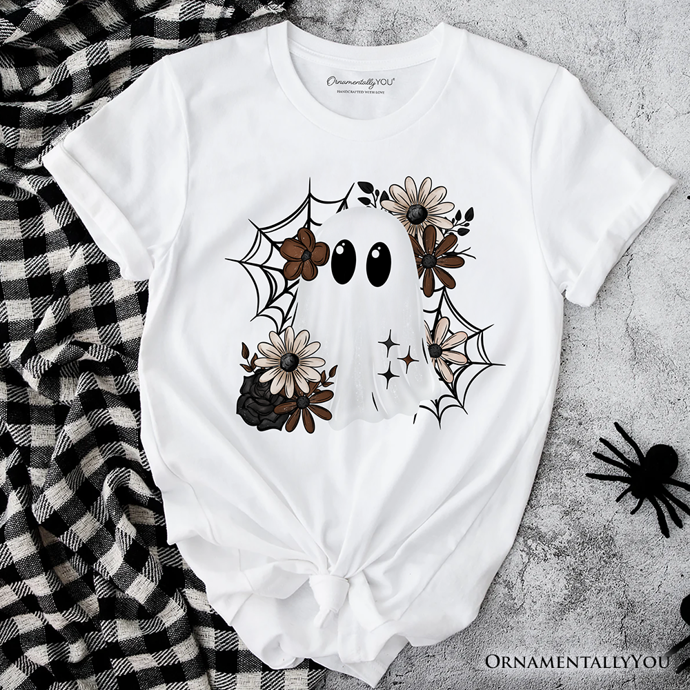 Floral Ghost T-Shirt, Neutral Boho Halloween Spider Web Tee