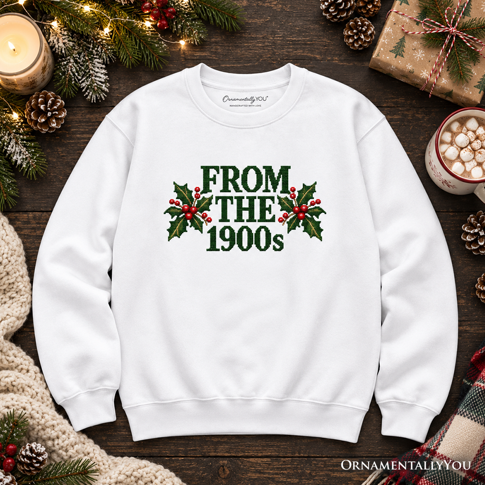 From the 1900s Faux Cross Stitch Christmas Sweatshirt, Holly Retro Holiday Sweater