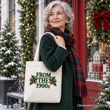 From the 1900s Faux Cross Stitch Christmas Tote Bag, Holly Retro Holiday Gift Shopper