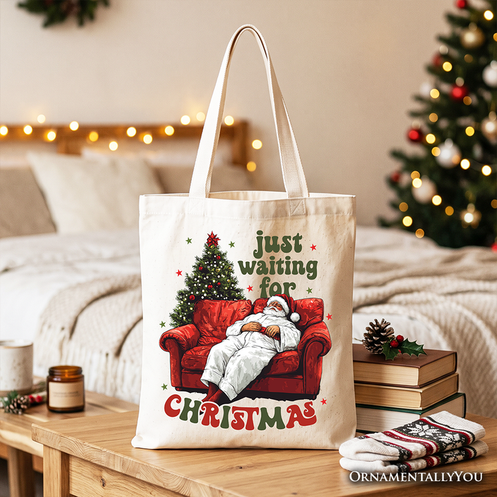 Funny Fat Santa Couch Tote Bag, Just Waiting for Christmas Gift Shopper for Lazy Holiday Season