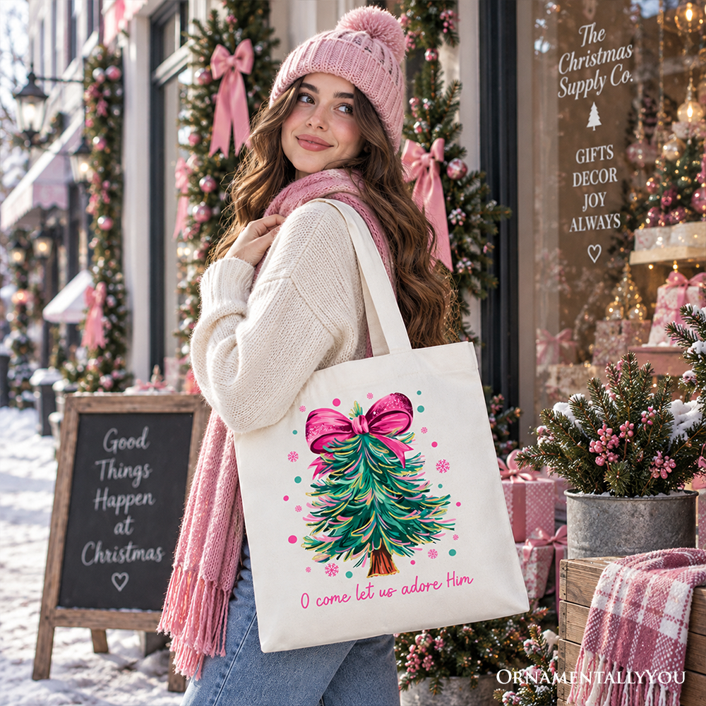 Glitter Christmas Tree Coquette Bow Tote Bag, O Come Let Us Adore Him Holiday Gift Shopper