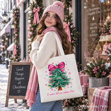 Glitter Christmas Tree Coquette Bow Tote Bag, O Come Let Us Adore Him Holiday Gift Shopper