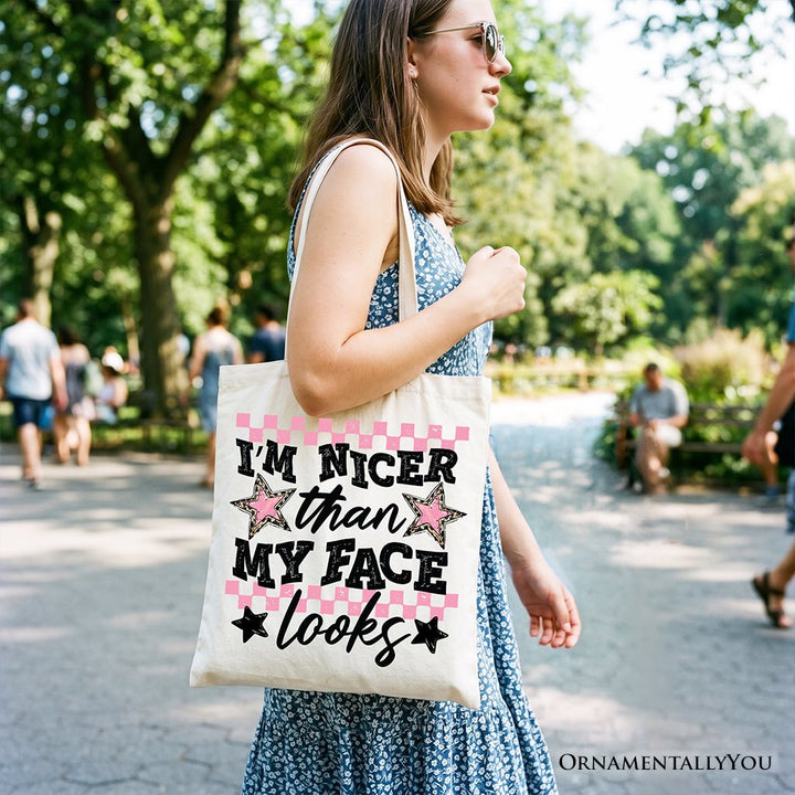 I’m Nicer Than My Face Looks Sarcastic Tote Bag, Relatable Checkered Gift Shopper Tote Bag OrnamentallyYou 