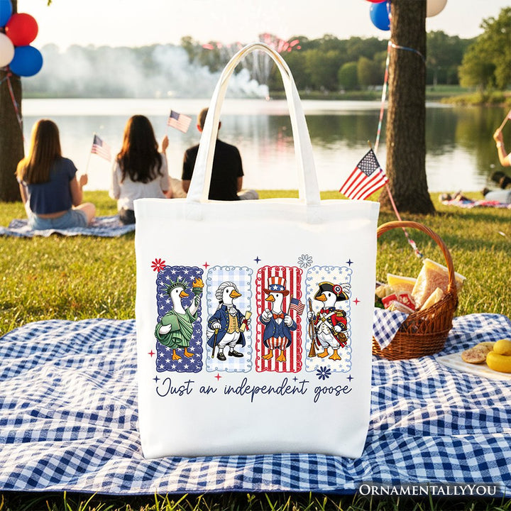 Just An Independent Goose Patriotic Tote Bag, Funny 4th of July Gift Shopper Tote Bag OrnamentallyYou White 