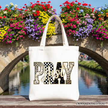 Just Pray Christian Varsity Tote Bag, Retro Leopard Checkered Faith Gift Shopper Tote Bag OrnamentallyYou White 