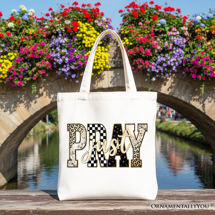 Just Pray Christian Varsity Tote Bag, Retro Leopard Checkered Faith Gift Shopper Tote Bag OrnamentallyYou White 