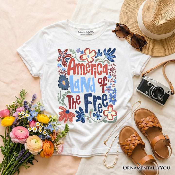 Kids America Land of the Free T-Shirt, Retro Youth Floral Independence Day Tee Kid's T-Shirts OrnamentallyYou White XS 