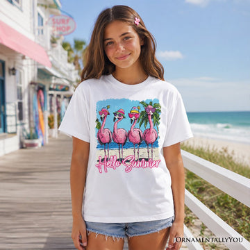 Kids Flamingo Hello Summer T-Shirt, Tropical Beach Vacation Youth Tee Kid's T-Shirts OrnamentallyYou 