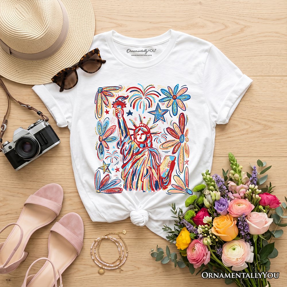 Kids Patriotic Statue of Liberty and Fireworks T-Shirt, Festive 4th of July Youth Tee Kid's T-Shirts OrnamentallyYou White XS 