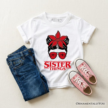 Kids Sister Things Messy Bun Retro T-Shirt, Red Bandana Glasses Family Matching Youth Tee Kid's T-Shirts OrnamentallyYou White XS 