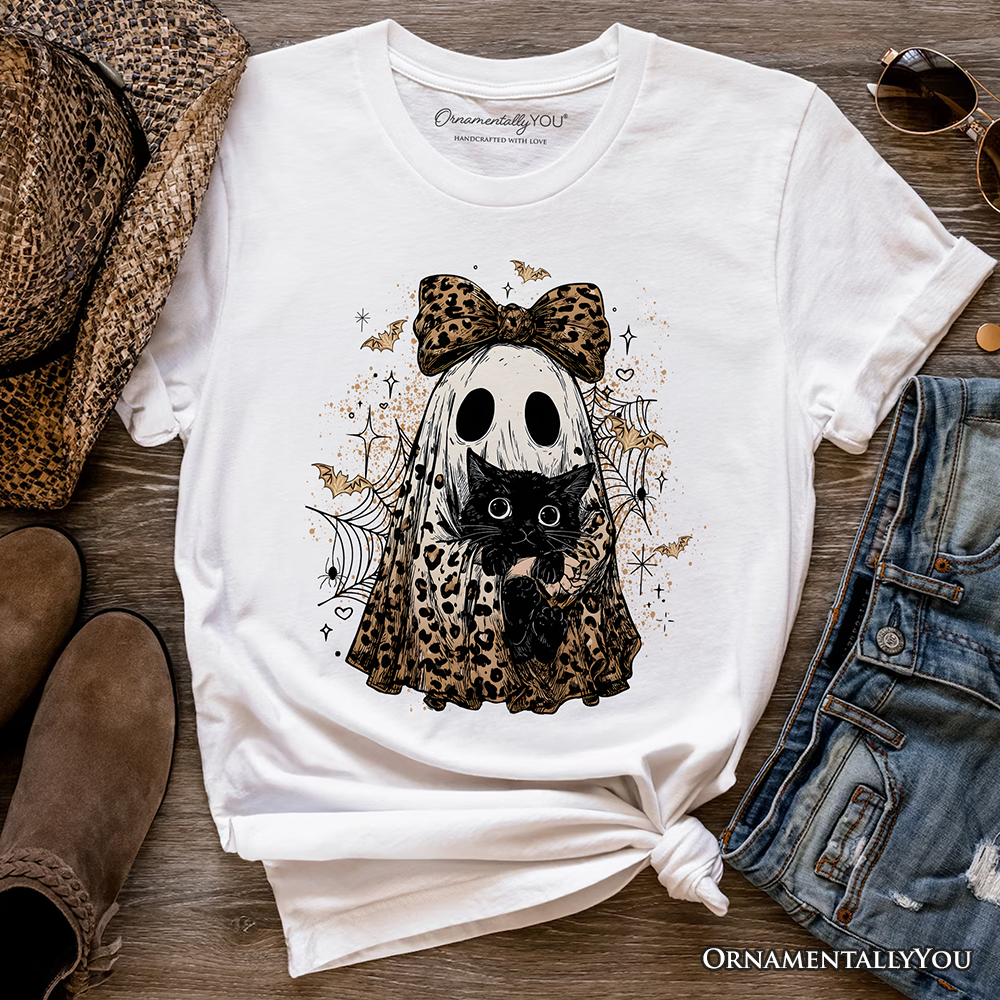Leopard Bow Ghost with Black Cat T-Shirt, Spooky Halloween Spider Web Tee