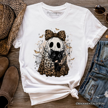 Leopard Bow Ghost with Black Cat T-Shirt, Spooky Halloween Spider Web Tee