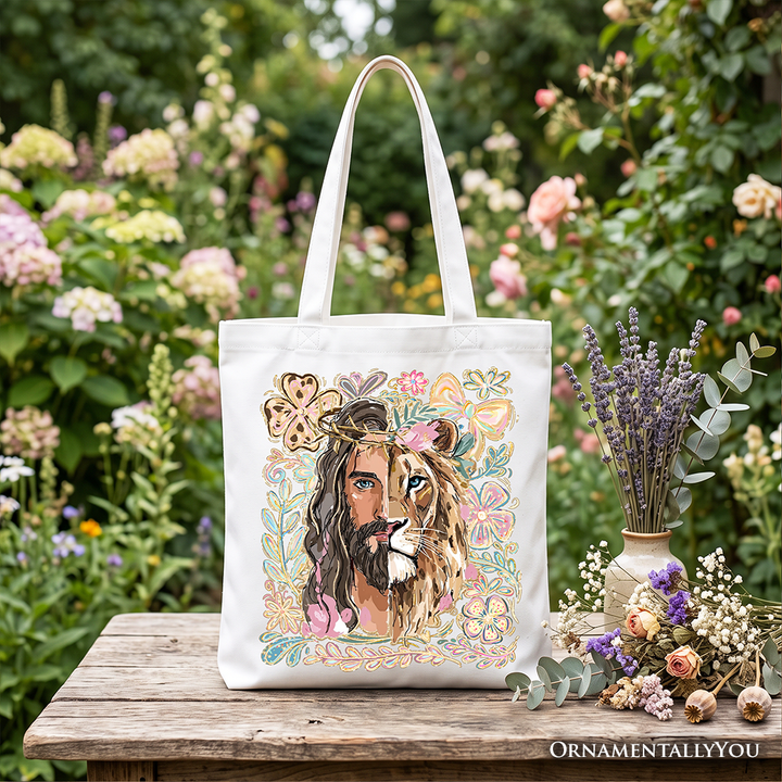 Lion of Judah Christian Tote Bag, Floral Jesus Religious Faith Gift Shopper