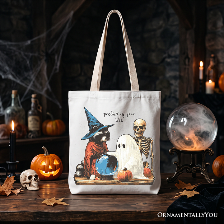 Predicting Your Life Witch Racoon Tote Bag, Vintage Halloween Ghost Skeleton Fortune Teller Gift Shopper