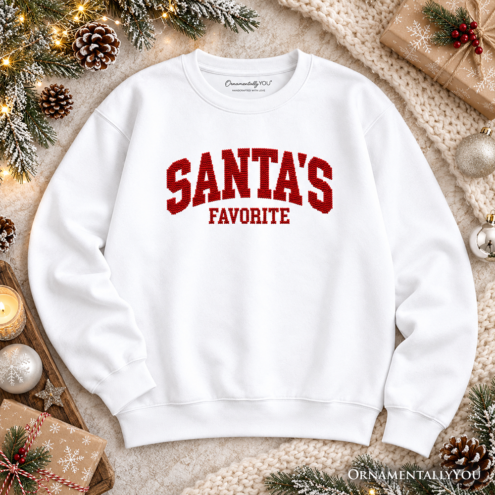 Santa's Favorite Faux Cross Stitch Christmas Sweatshirt, Winter Holiday Sweater