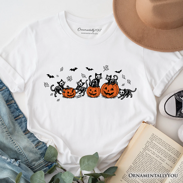 Skeleton Cats and Pumpkins T-Shirt, Spooky Halloween Black Cat Tee